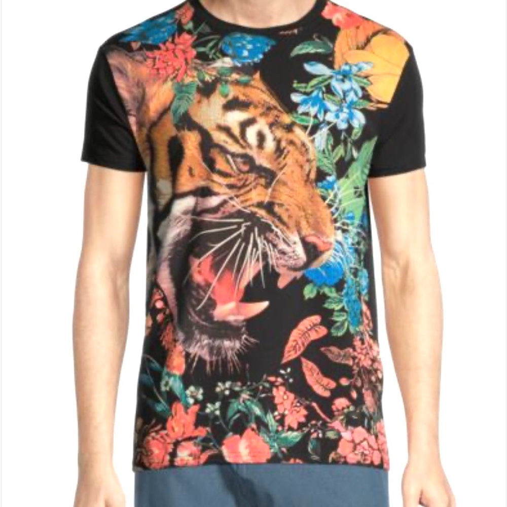 Heads or Tails Rhinestone Floral Tiger Graphic Tee Shirt Men’s Medium Streetwear